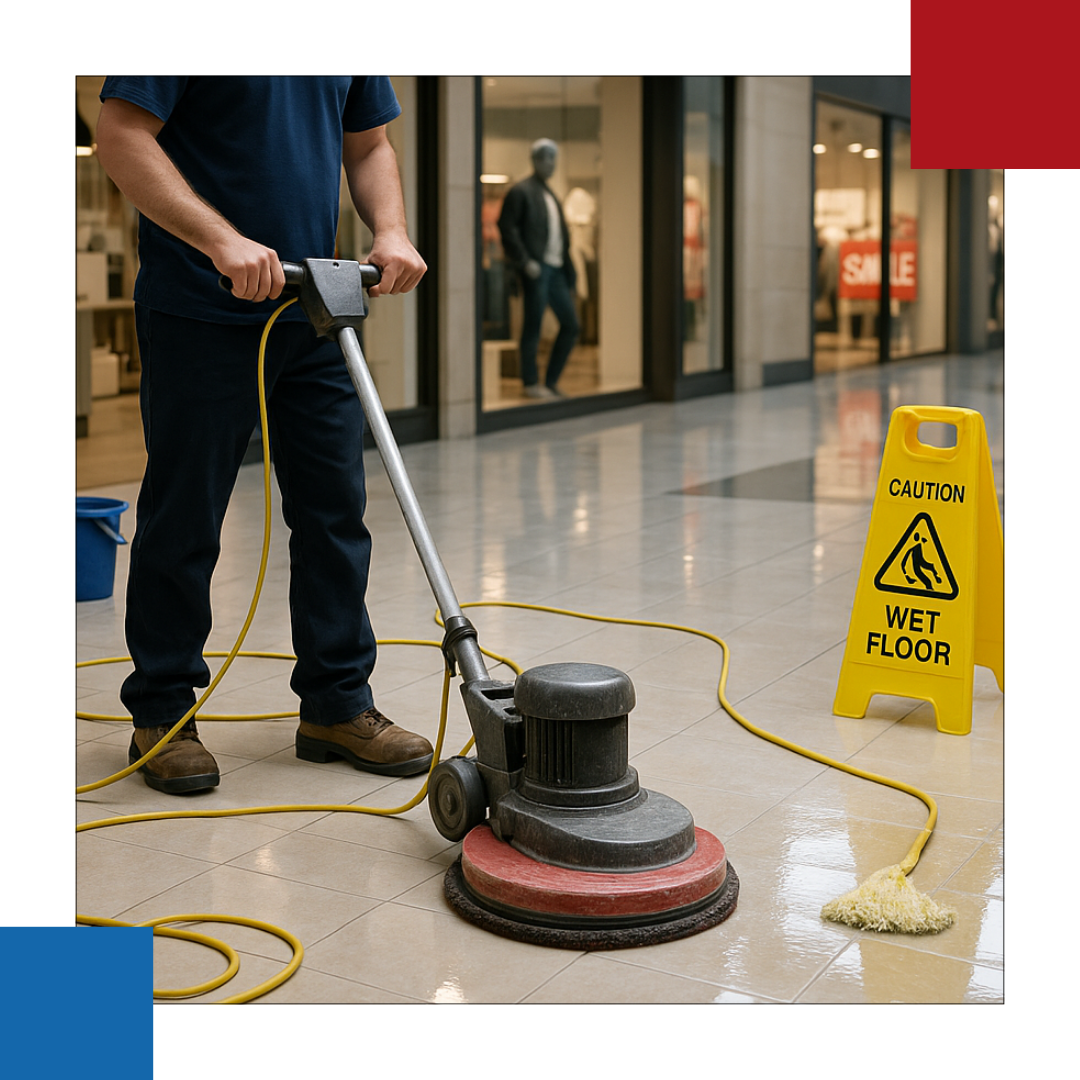 A man is doing floor stripping inside shopping center