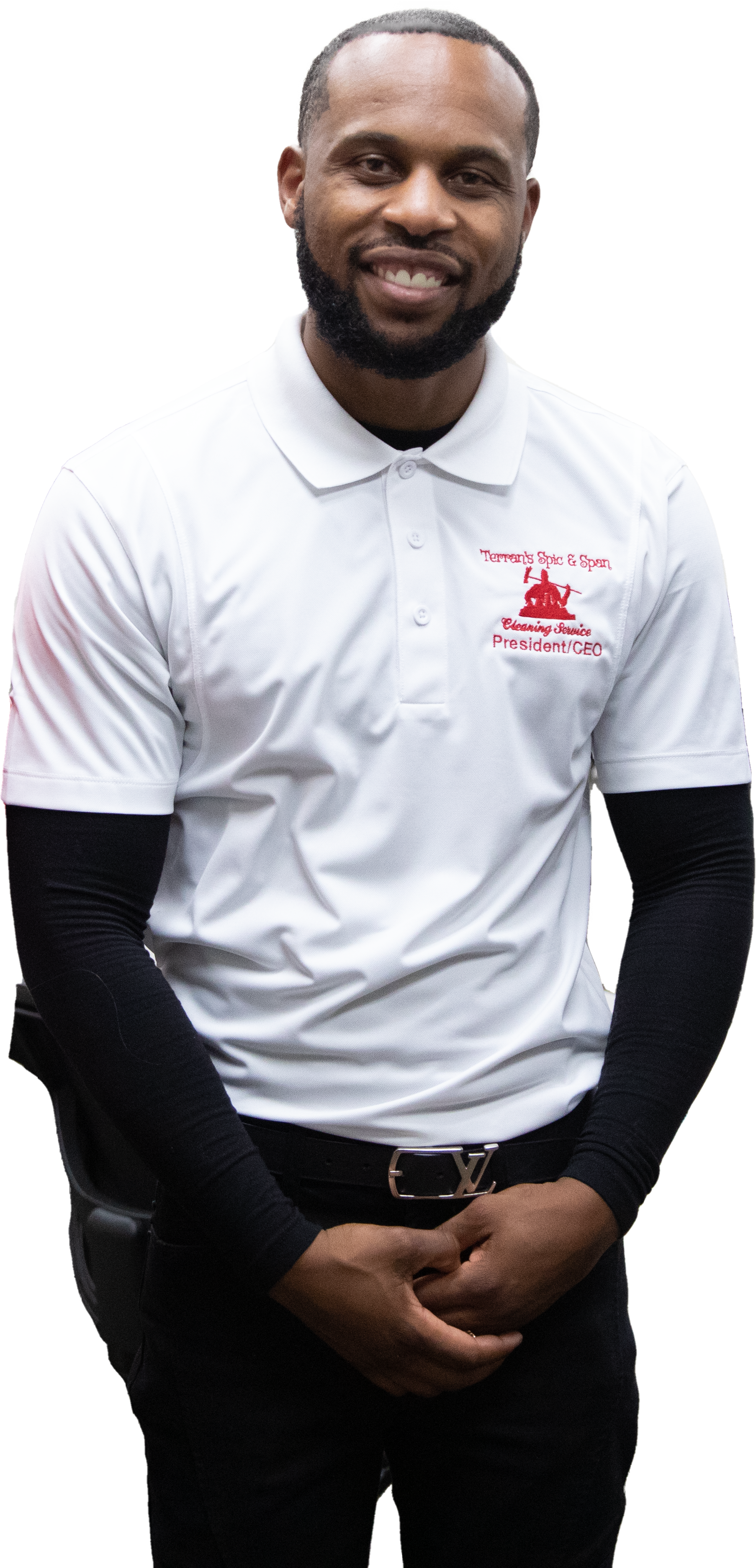 Terran Copeland, founder and CEO of Terran's Spic & Span LLC wearing white polo shit and black pants