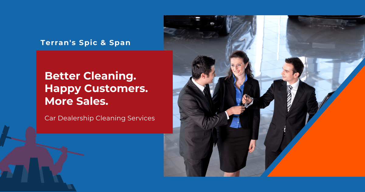 Business people shaking hands; cleaning services advertisement.