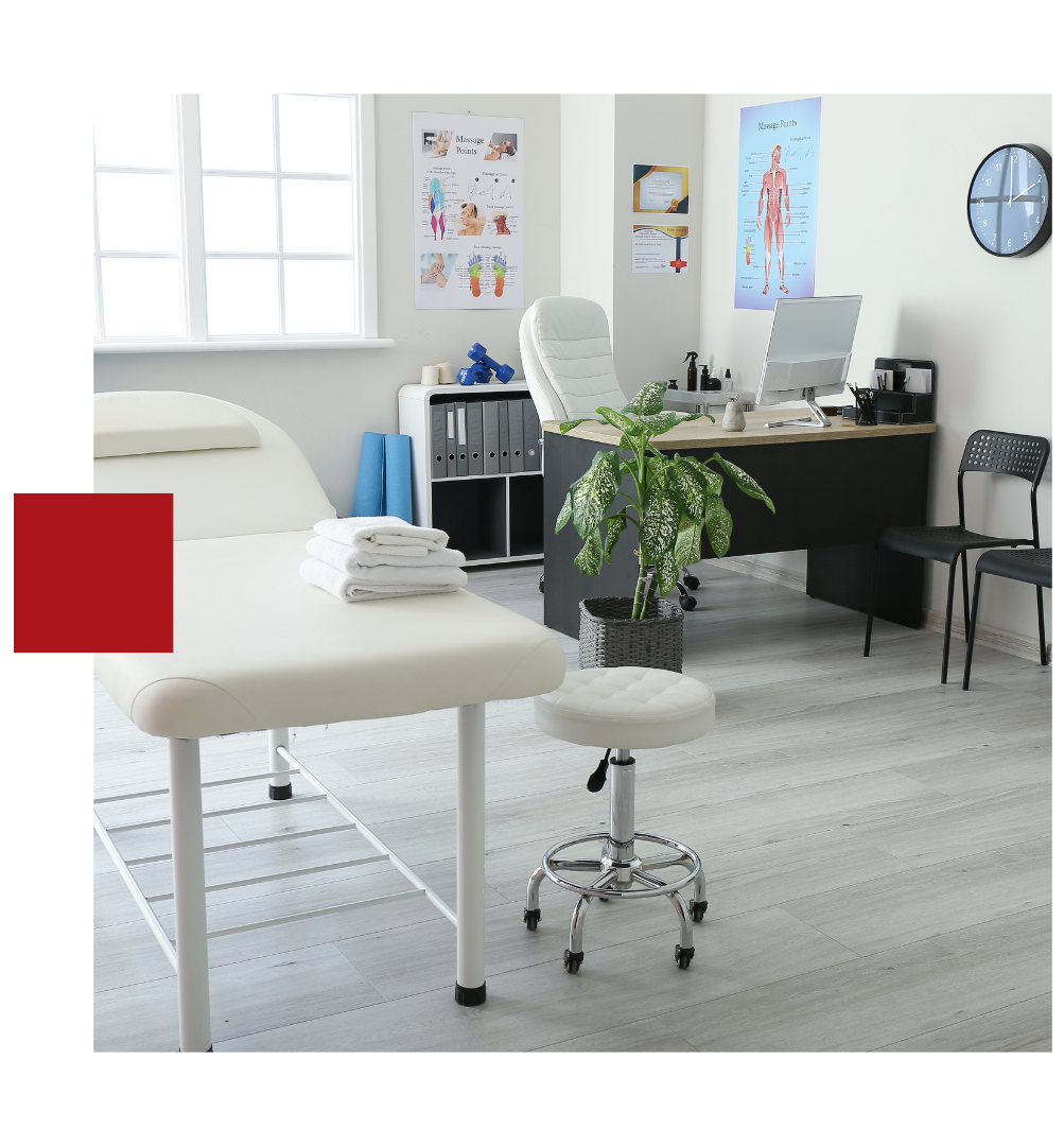 A doctor 's office with a bed , desk , chairs and a plant.