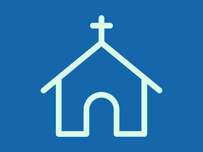 white graphic of a church with blue background