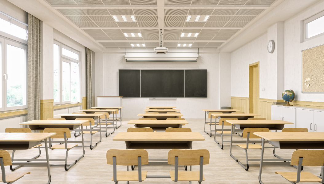wide shot of modern empty clean classroom