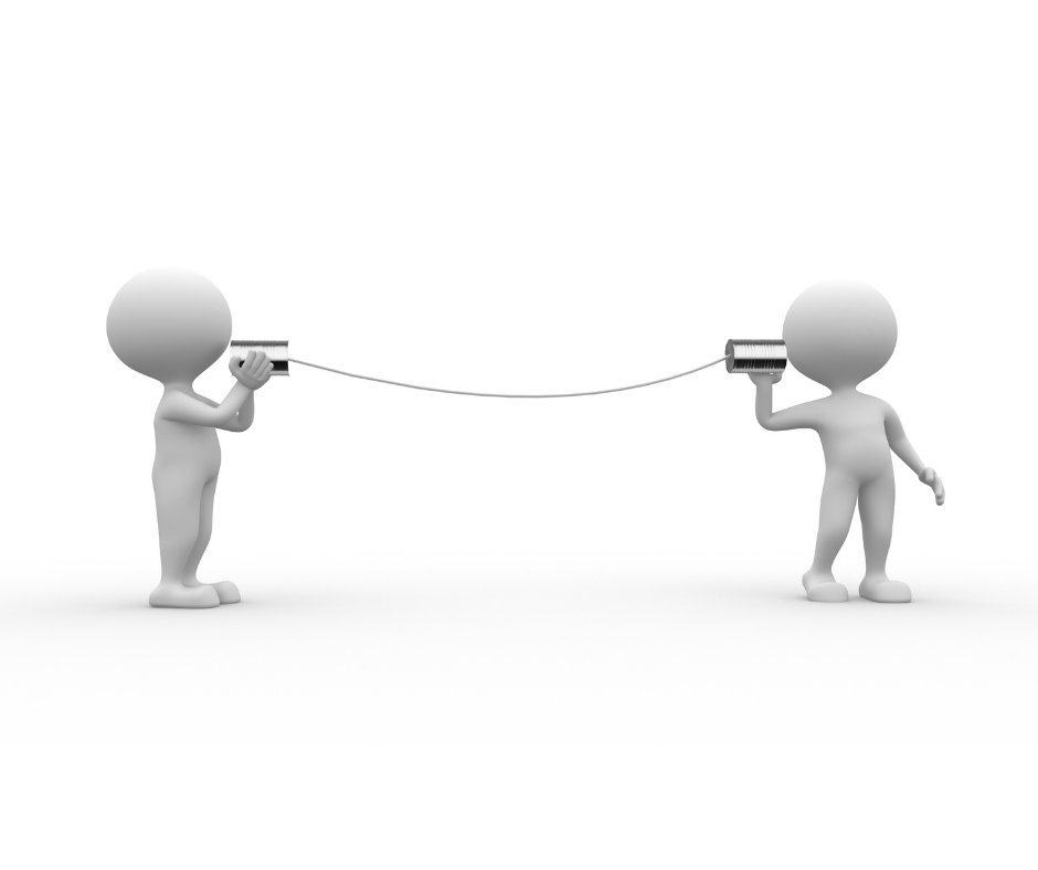 two white human figures communicating with a string and cans