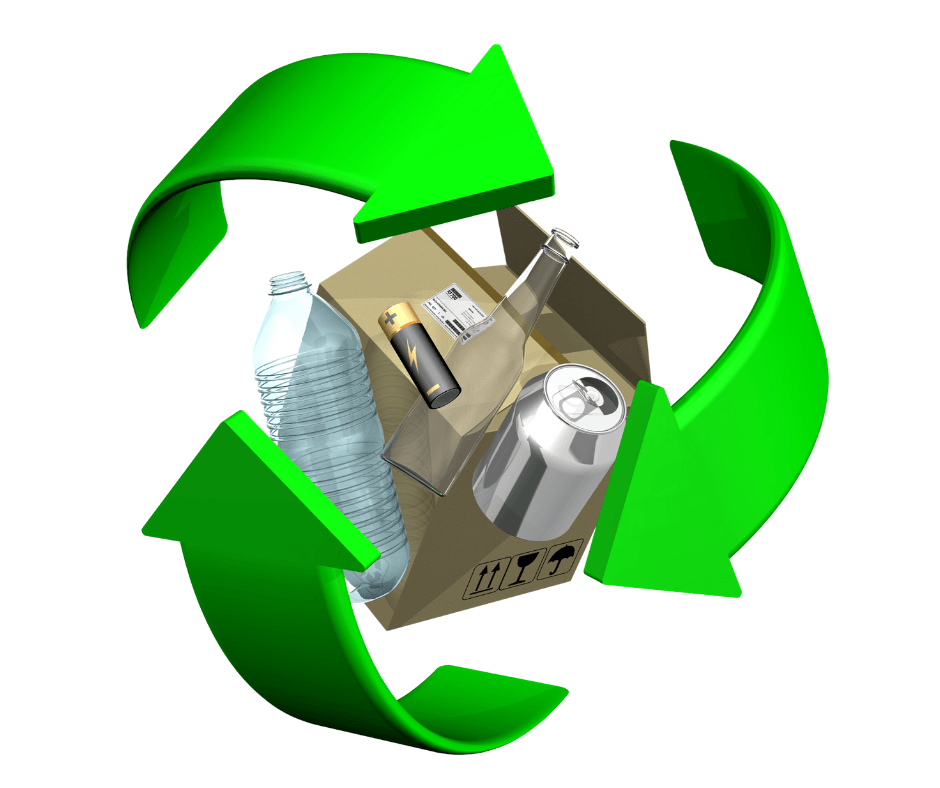 Recycling logo with three green arrows boxes bottles and can
