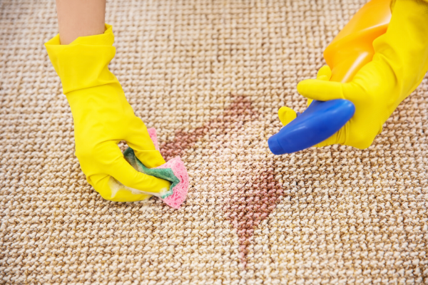 Two rubber-glove covered hands cleaning a stain from a carpet for commercial janitorial cleaning