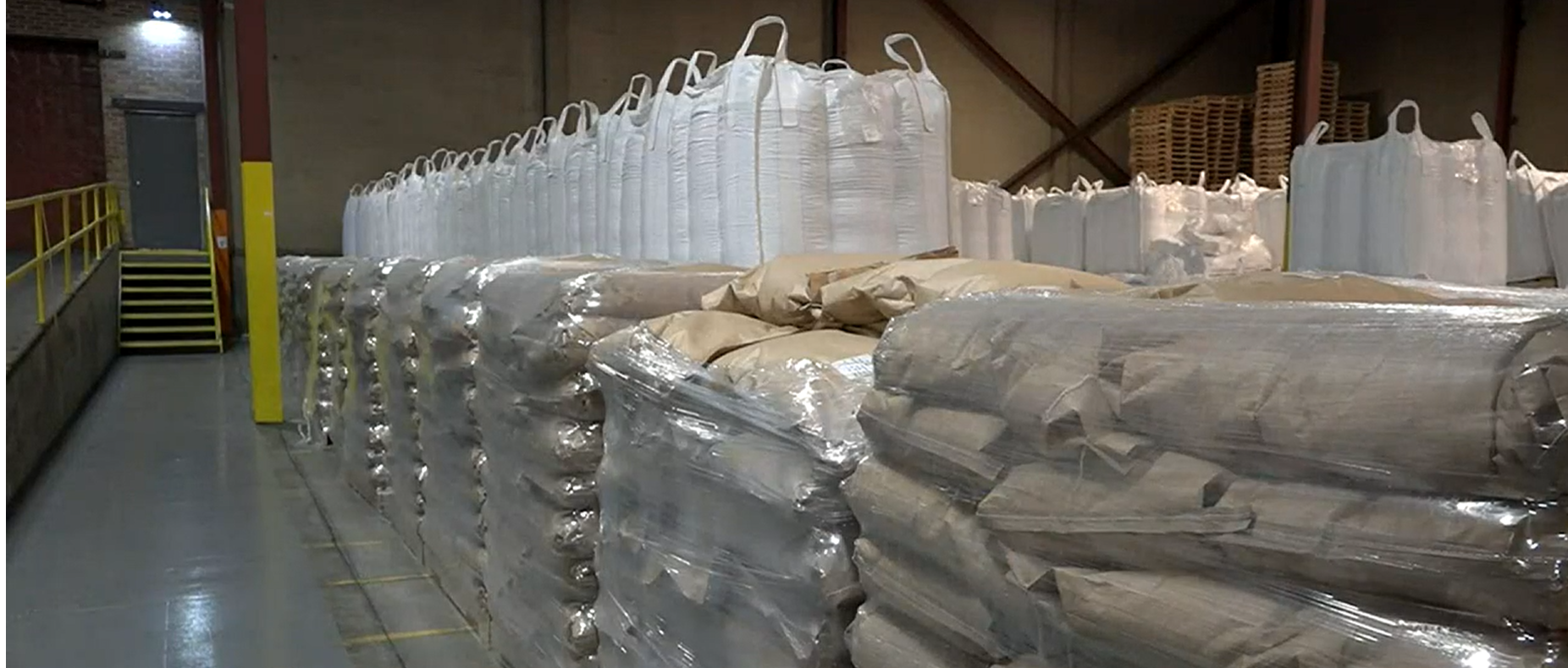 Stacks of stored food items in the warehouse.