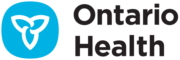 The ontario health logo has a trillium in a blue circle.