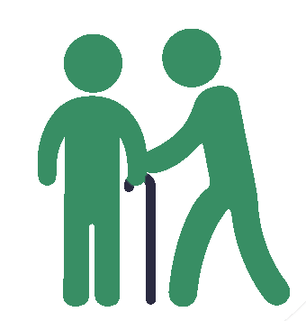 A person is helping an older person with a cane.