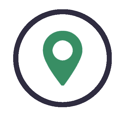 A green pin in a black circle on a white background.