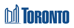 A blue logo for Toronto with a building in the background.