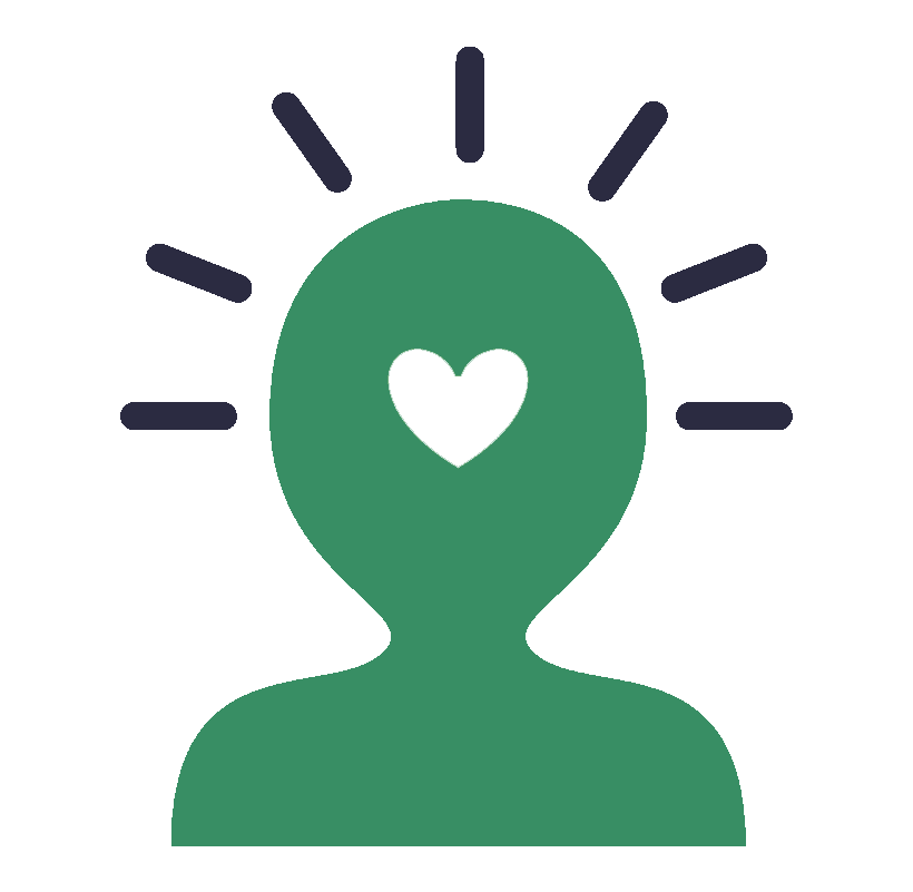 A green icon of a person with a heart in their head.