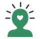 A green icon of a person with a heart in their head.