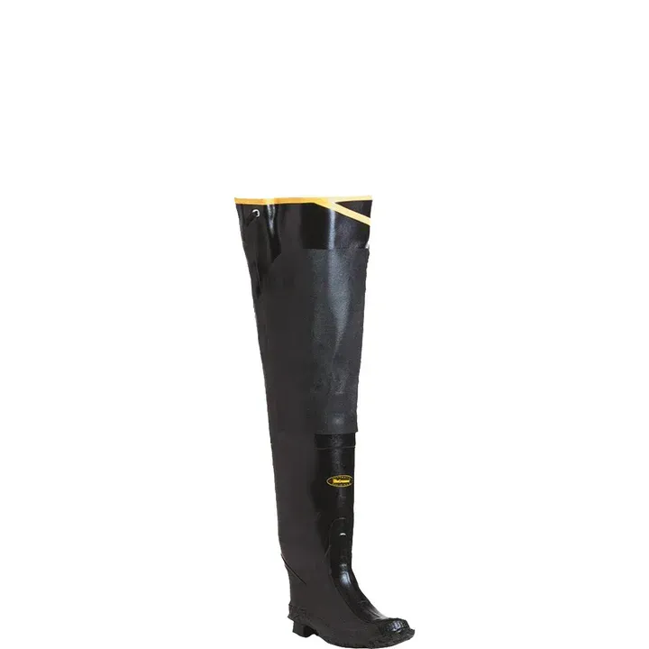 Black hip boot with a yellow rim against a white background.