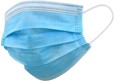 Blue disposable face mask with white ear loops.