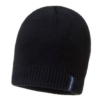 Black knit beanie with a ribbed cuff and a small blue tag.