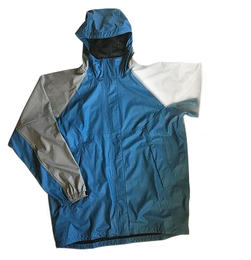 Blue and gray hooded rain jacket.