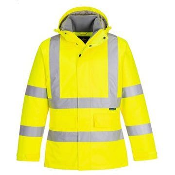 Yellow high-visibility jacket with reflective stripes and a hood.