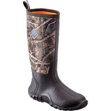 Brown and camouflage tall rubber boot.