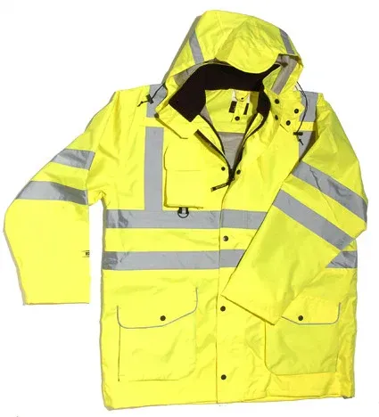 Yellow high-visibility rain jacket with reflective stripes and hood.