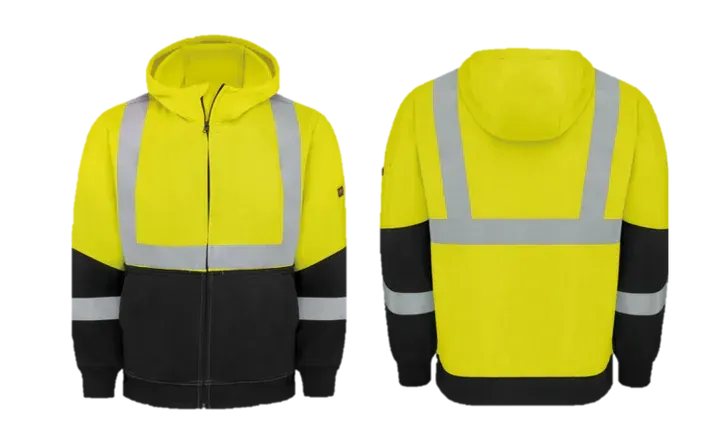 Yellow and black hooded safety jacket with reflective stripes. Front and back views.