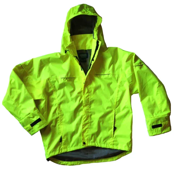 Neon yellow hooded rain jacket.