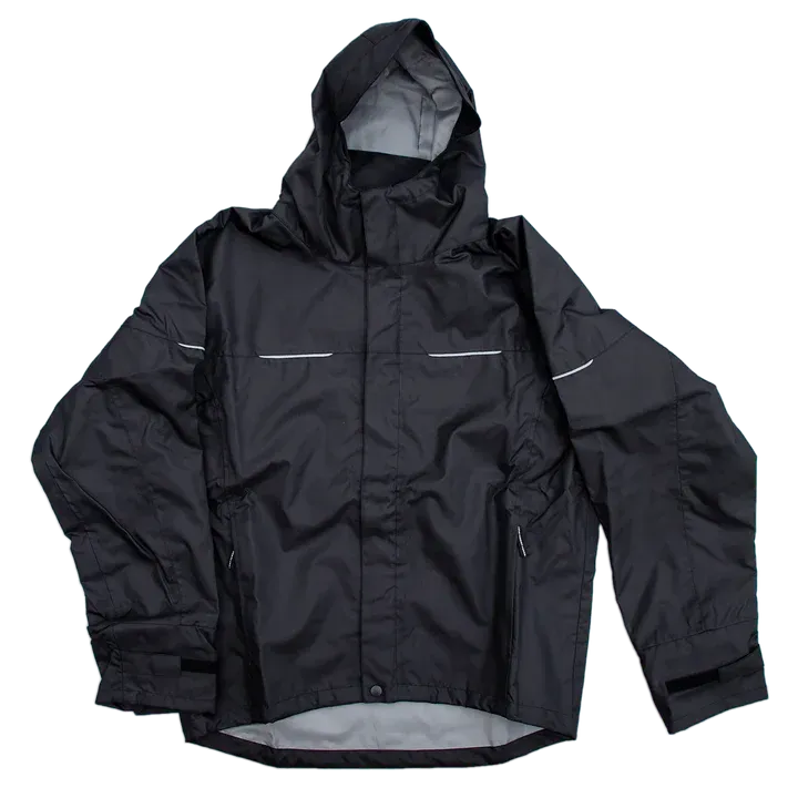 Black hooded rain jacket with reflective stripes.
