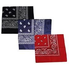 Three paisley bandanas: black, blue, and red.