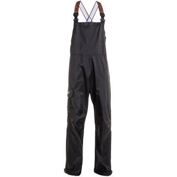 Black waterproof fishing bib overalls with orange suspenders.