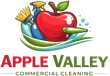 Apple Valley Commercial Cleaning logo with red apple, cleaning supplies, and green leaf design representing professional janitorial services in Apple Valley, MN