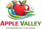 Apple Valley Commercial Cleaning logo with red apple, cleaning supplies, and green leaf design representing professional janitorial services in Apple Valley, MN