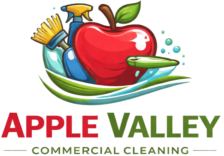 Apple Valley Commercial Cleaning logo with red apple, cleaning supplies, and green leaf design representing professional janitorial services in Apple Valley, MN