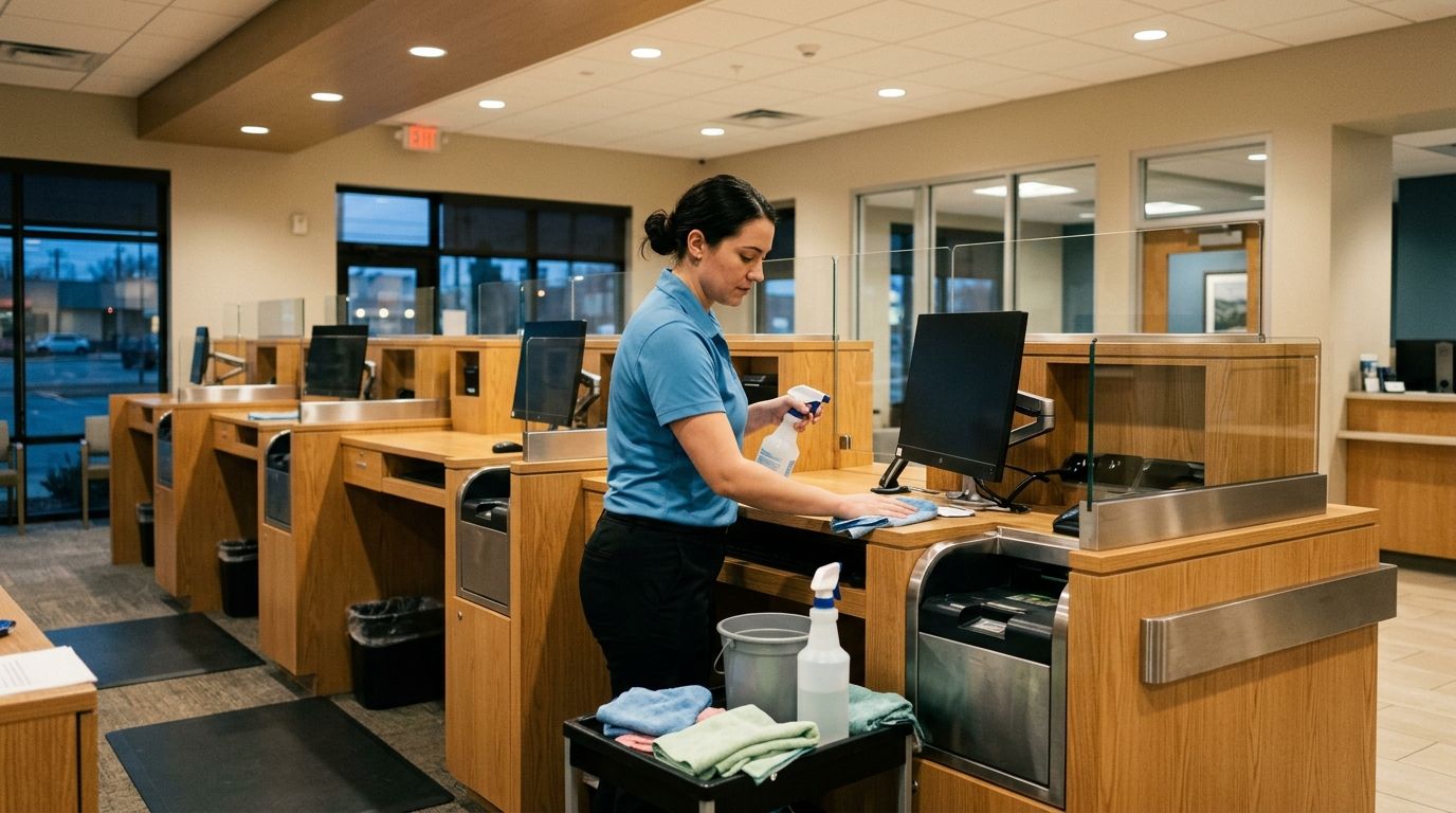 Bank teller station cleaning and surface disinfecting services in Apple Valley, MN