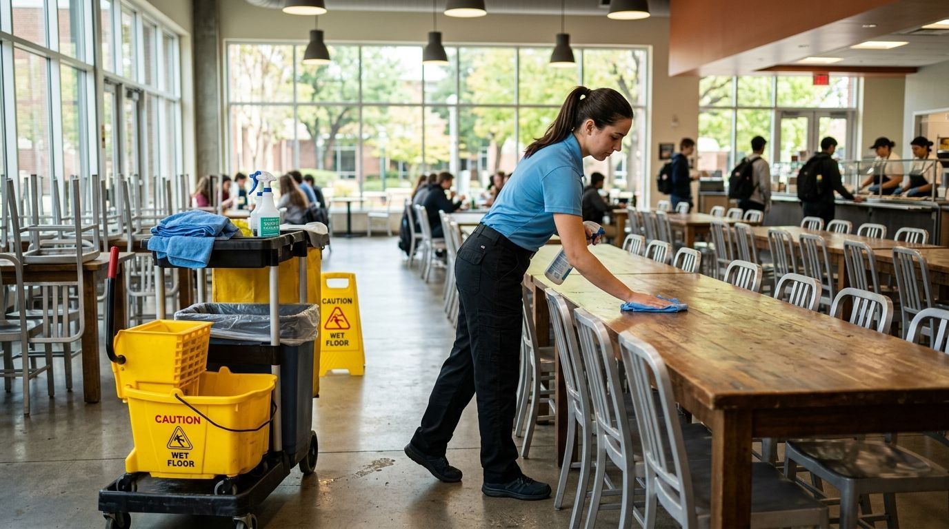 Cleaner disinfecting cafeteria tables in a school dining area in Apple Valley, MN