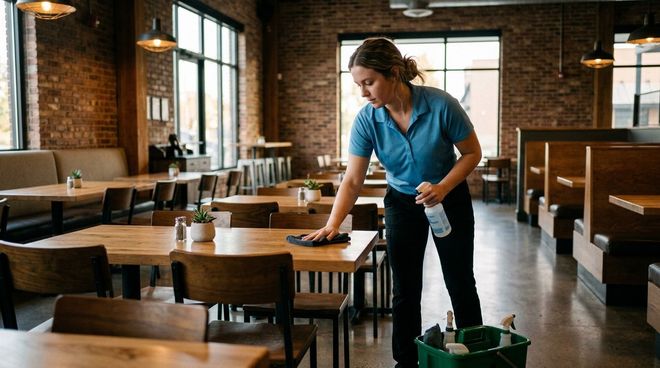 Cleaner disinfecting restaurant tables between guests in Apple Valley, MN