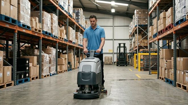 Cleaner machine scrubbing warehouse aisles and floors in Apple Valley, MN