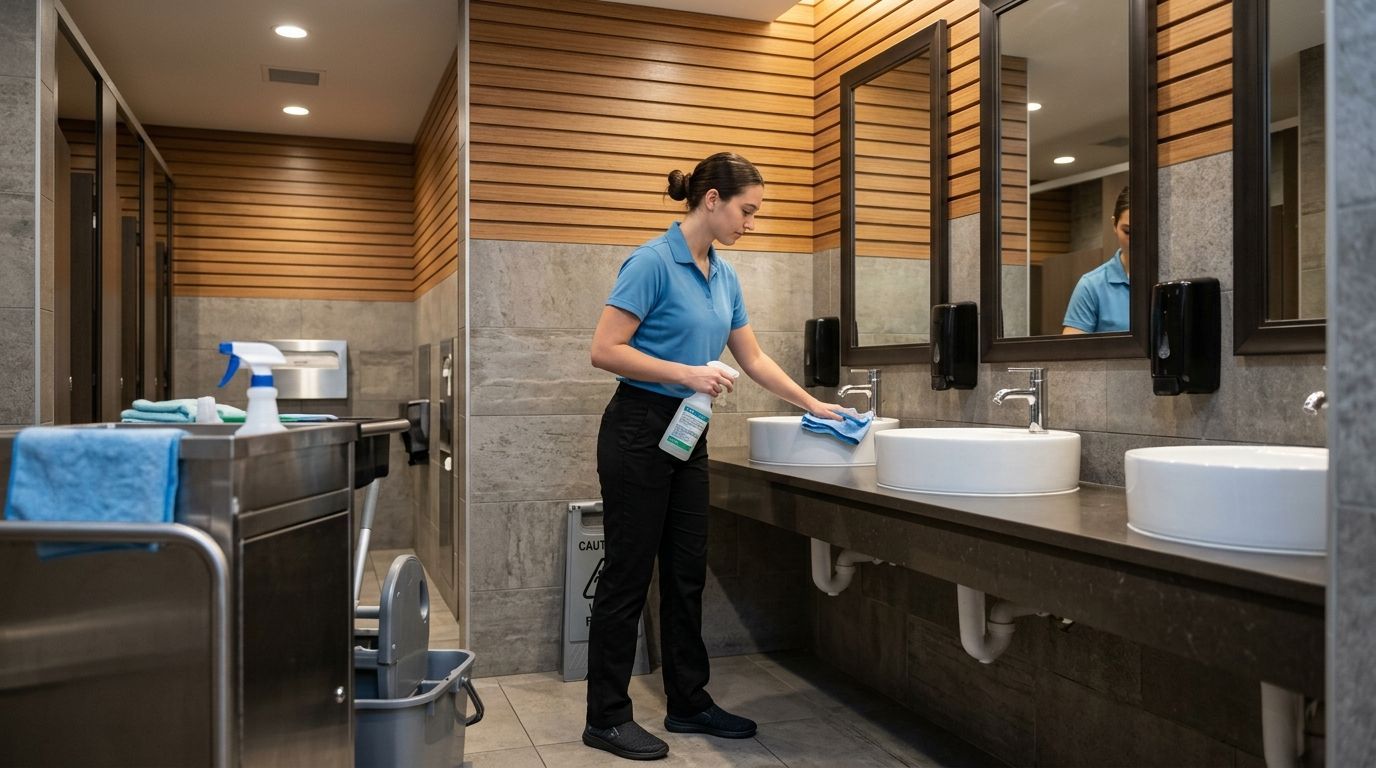Cleaner sanitizing restroom sinks and fixtures of the restaurant in Apple Valley, MN