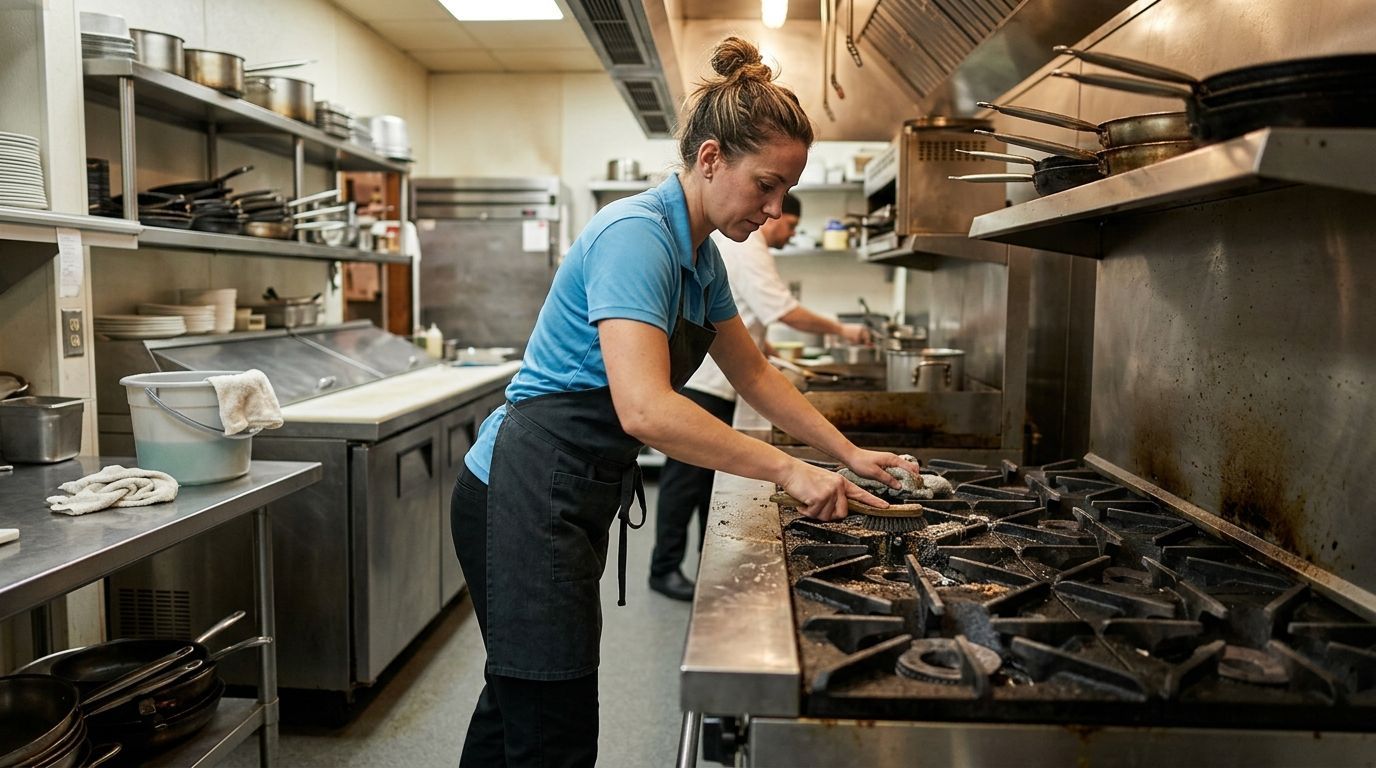 Cleaner scrubbing commercial kitchen stove and grease buildup in Apple Valley, MN