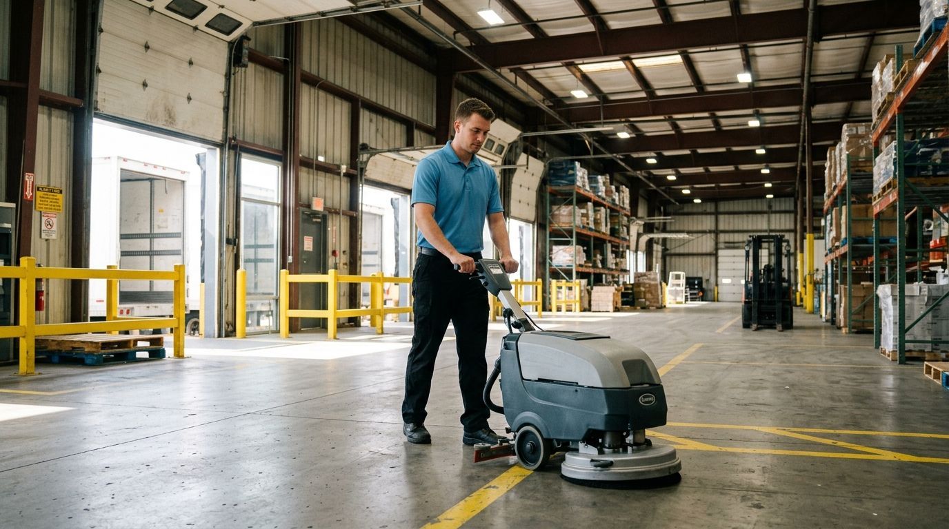 Cleaner scrubbing industrial warehouse floors in Apple Valley, MN