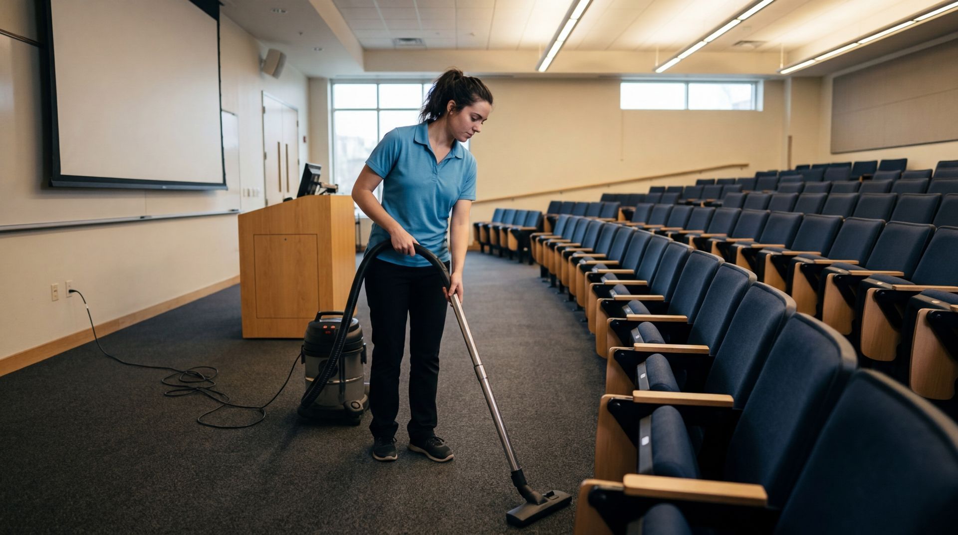 Cleaner vacuuming lecture hall floors in Apple Valley, MN
