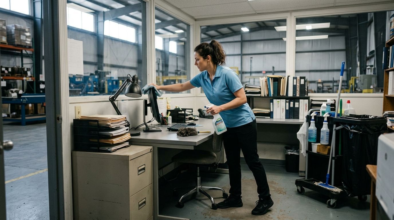 Cleaner wiping down office workstations in an industrial facility in Apple Valley, MN