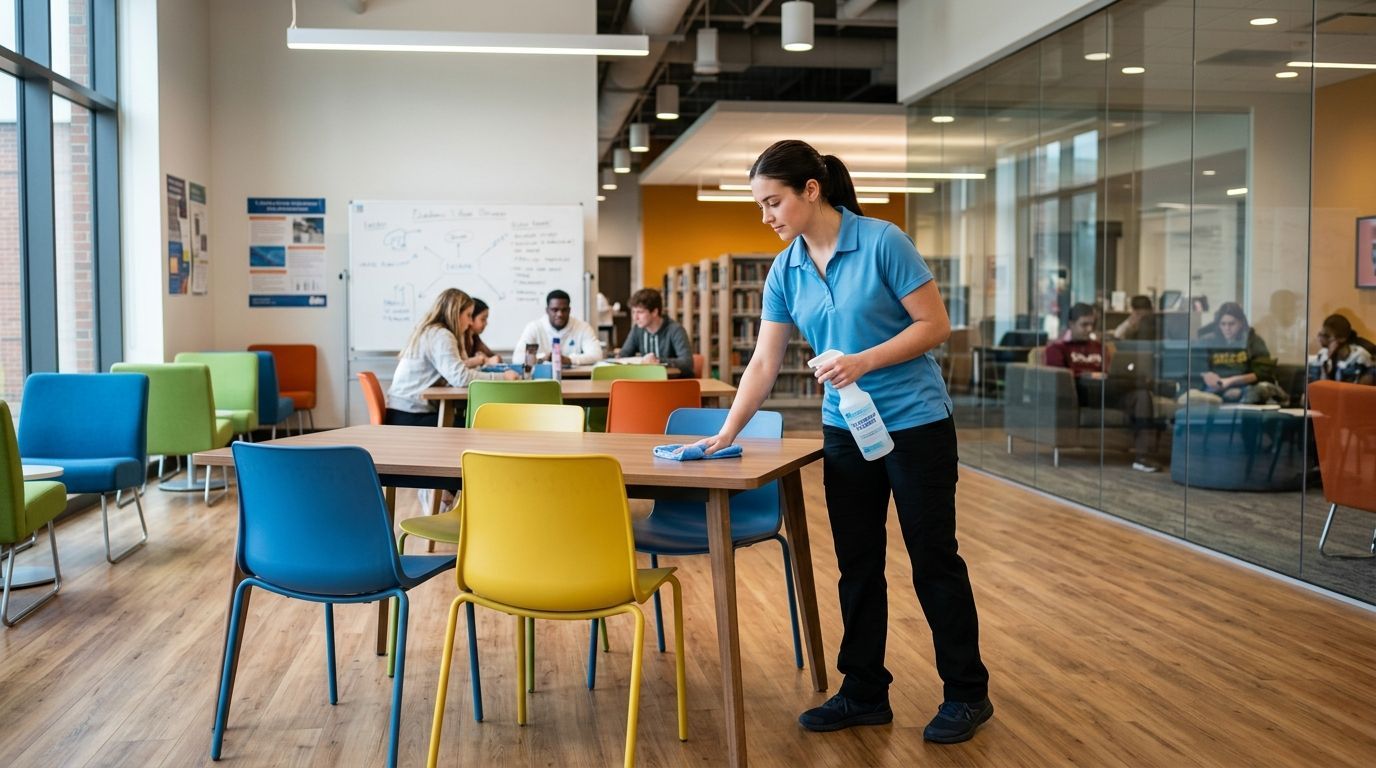 Cleaner wiping down student tables in a school commons area in Apple Valley, MN