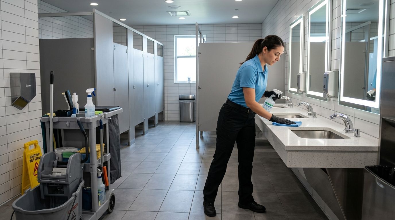 Commercial cleaner sanitizing restroom sinks and high touch surfaces in Apple Valley, MN
