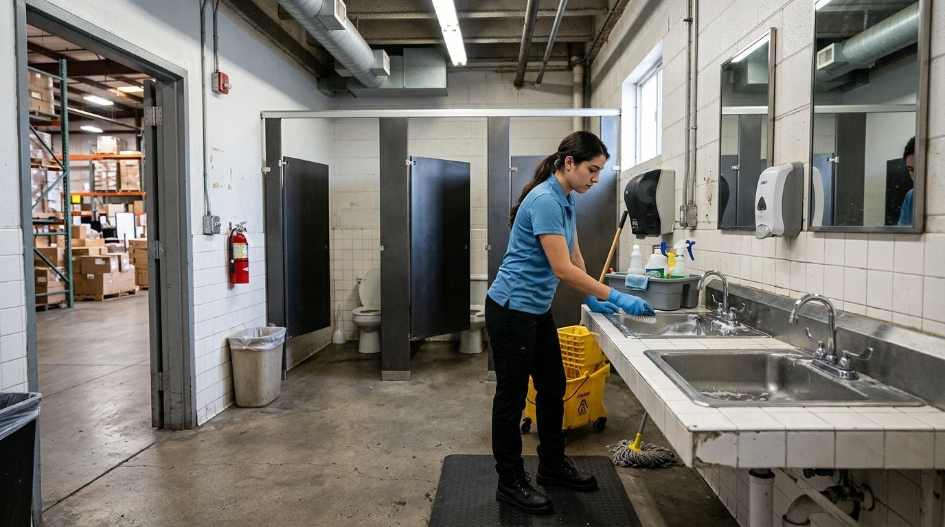 Janitor cleaning and sanitizing commercial restrooms in Apple Valley, MN
