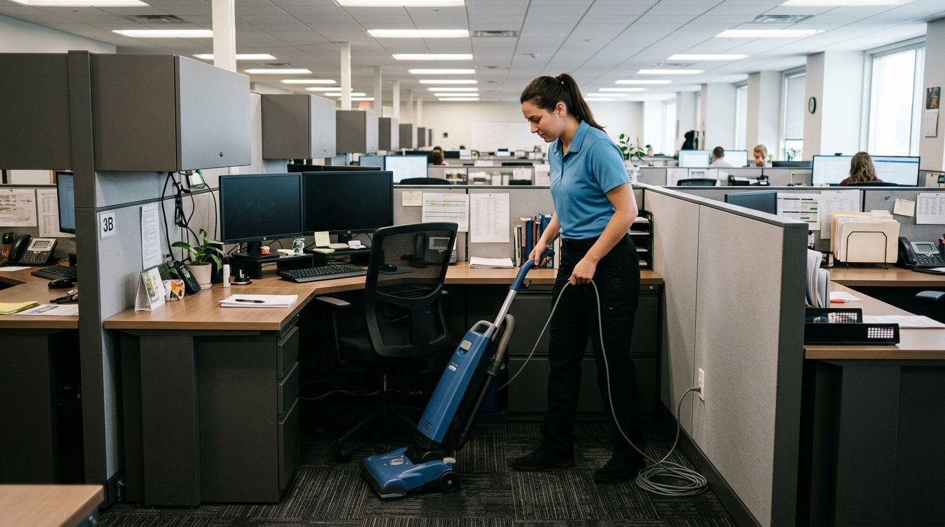 Office cleaning service vacuuming carpets and cubicle areas in Apple Valley, MN