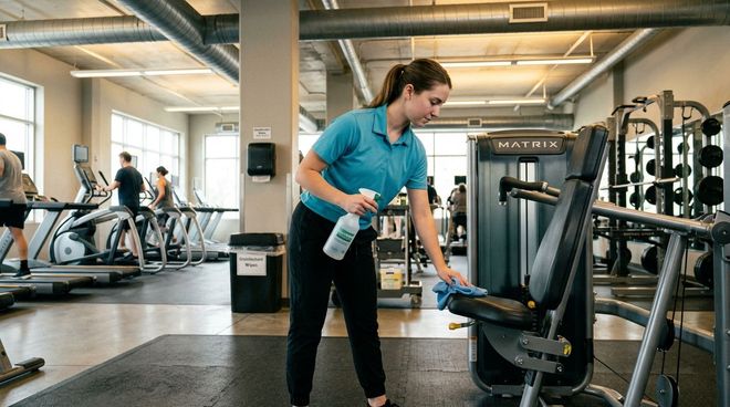 Professional cleaning and disinfecting of weight machine seating and handles in a commercial gym, Apple Valley, MN.