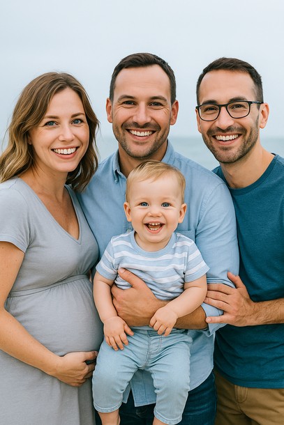 A family is posing for a picture on the beach.
