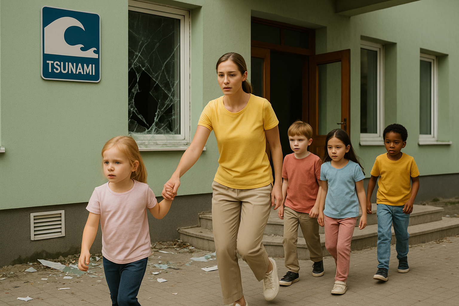 A woman is walking with a group of children holding hands in front of a building.