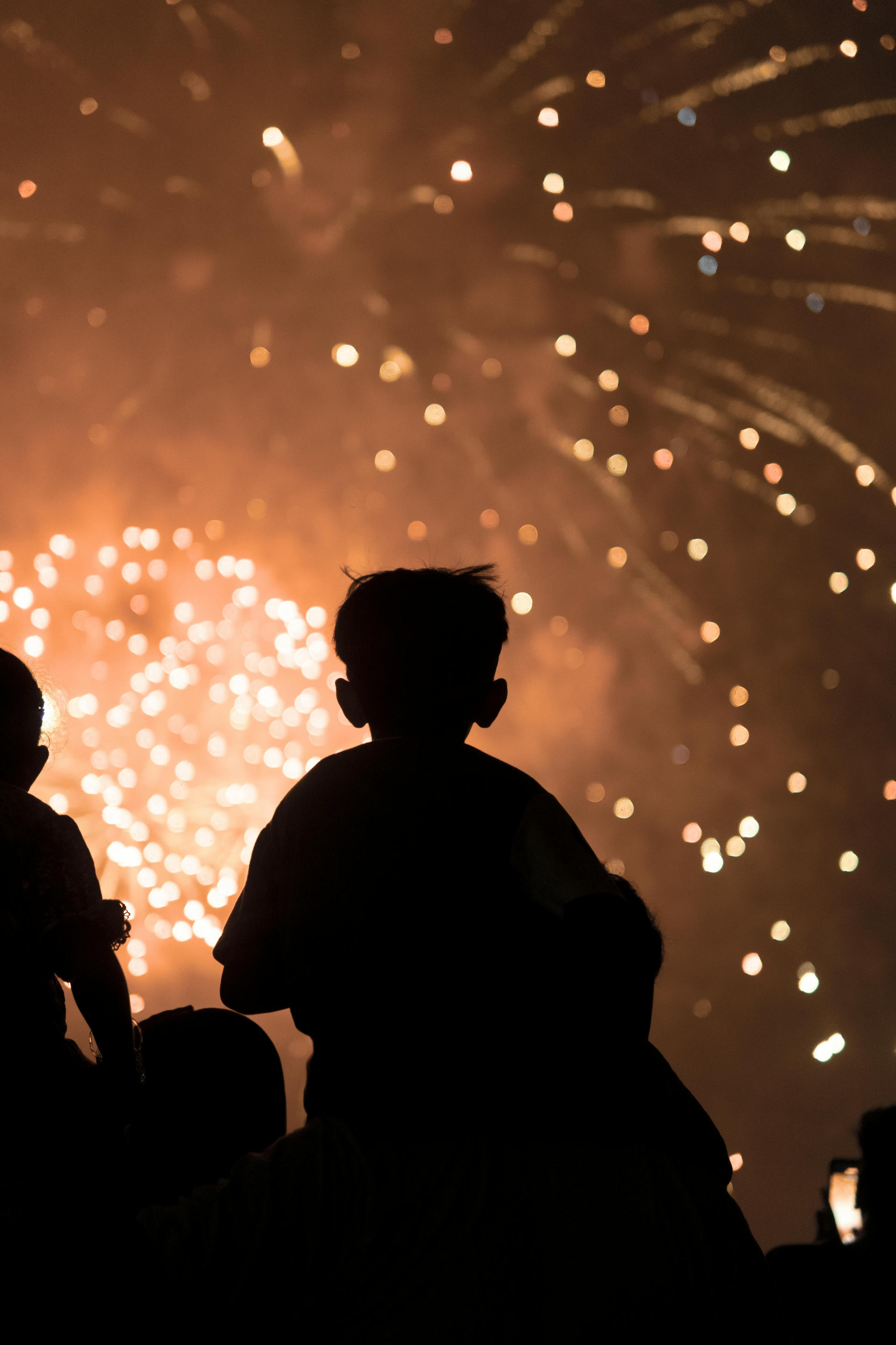 Fireworks with children A group of people are watching fireworks in the night sky