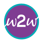W2w logo in a purple circle, outlined by a teal circle, white script lettering.