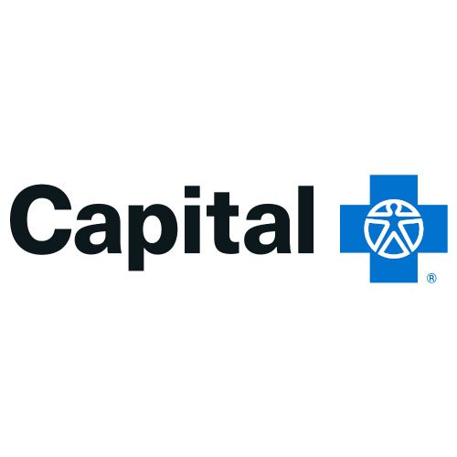 A capital one logo with a blue cross on a white background.